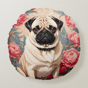 Pug And Peony Flowers William Morris Inspired Round Pillow