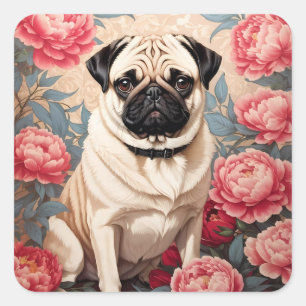 Pug And Peony Flowers William Morris Inspired Square Sticker