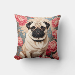 Pug And Peony Flowers William Morris Inspired Throw Pillow