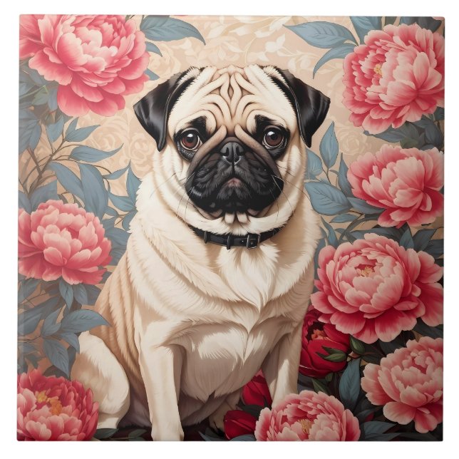 Pug And Peony Flowers William Morris Inspired Tile (Front)