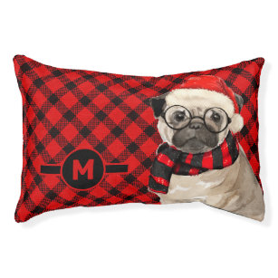 Pug and Red Plaid with Dog's Monogram Pet Bed
