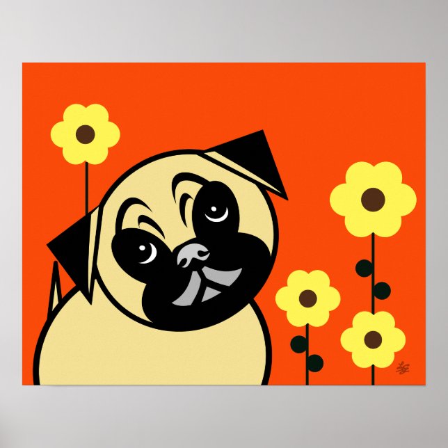  Pug And Yellow Flower On Orange Background Poster (Front)