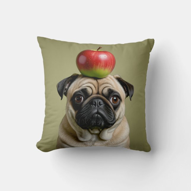 Pug Apple Throw Pillow (Front)