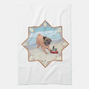Pug at the Beach Kitchen Towel