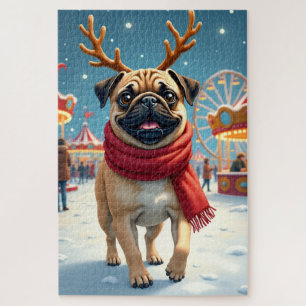 Pug at the Winter Fairgrounds Christmas Painting Jigsaw Puzzle