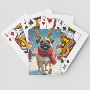 Pug at the Winter Fairgrounds Christmas Painting Playing Cards