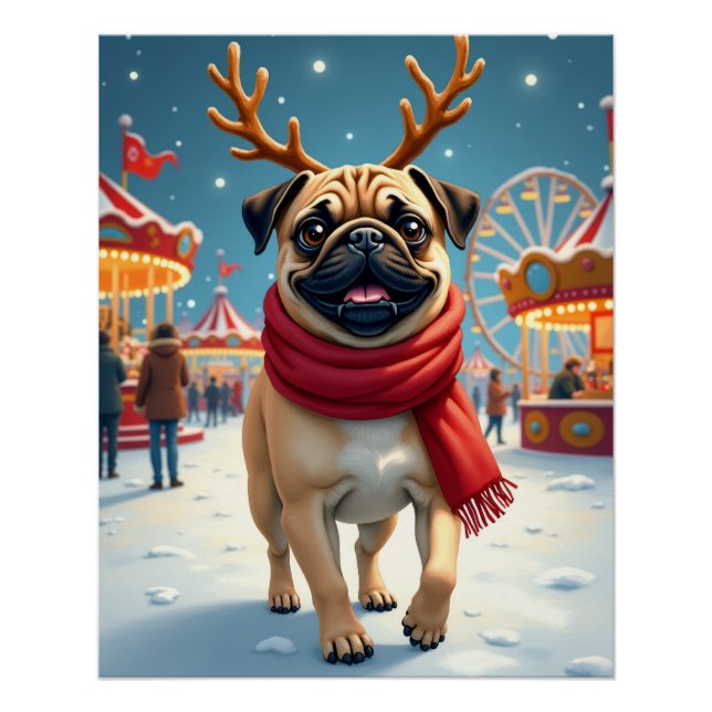 Pug at the Winter Fairgrounds Christmas Painting Poster (Front)