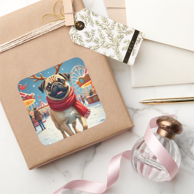 Pug at the Winter Fairgrounds Christmas Painting Square Sticker (Gifting)