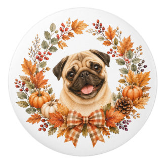 Pug Autumn Wreath Ceramic Knob