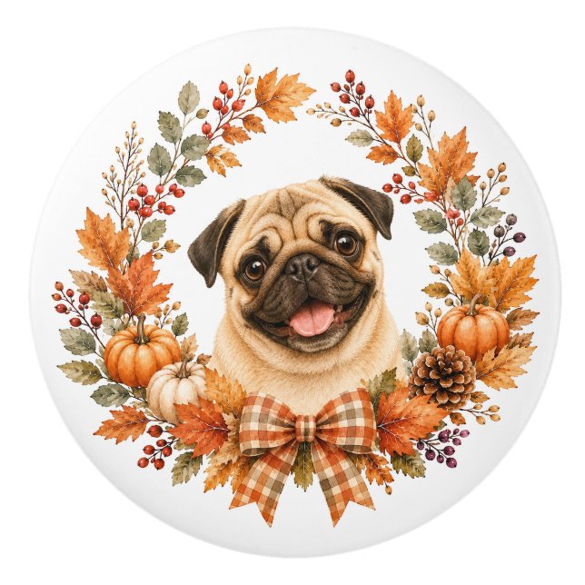 Pug Autumn Wreath Ceramic Knob (Front)