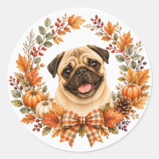 Pug Autumn Wreath Classic Round Sticker