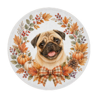 Pug Autumn Wreath Cutting Board