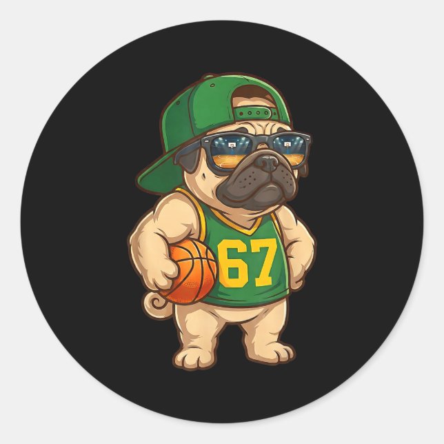Pug Basketball Dog 67 Gen Alpha Slang Srts Men Boy Classic Round Sticker (Front)