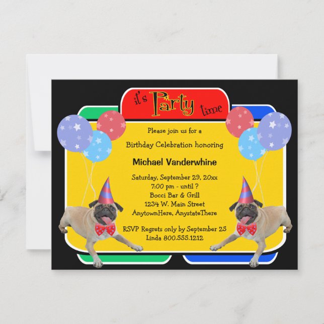 Pug Birthday Barker Invitation (Front)