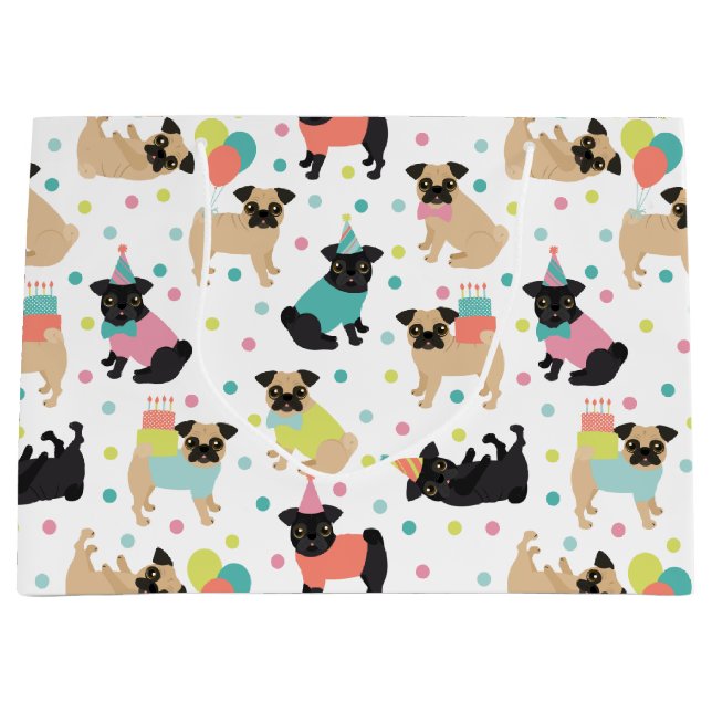 Pug Birthday Party Celebration Large Gift Bag (Front)