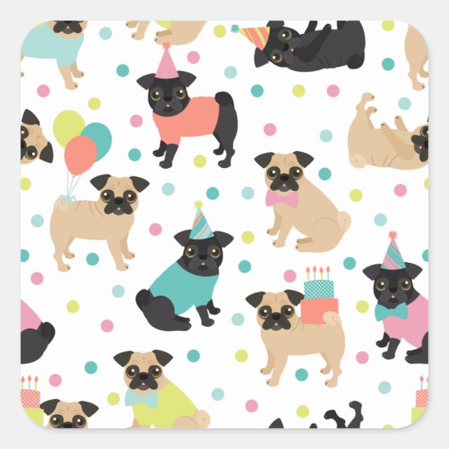 Pug Birthday Party Celebration Square Sticker (Front)