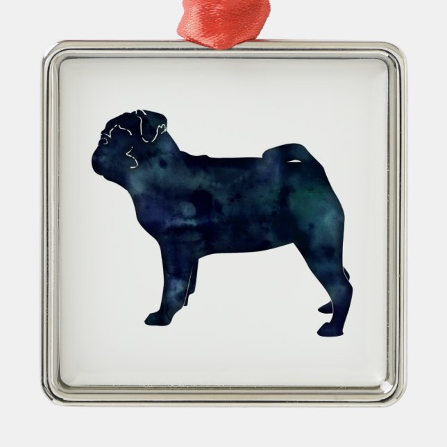 Pug black watercolor silhouette metal ornament (Front)
