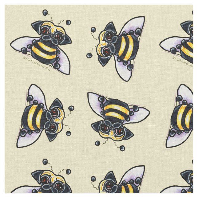 Pug Bumble Bees Butter White Fabric (Close Up)