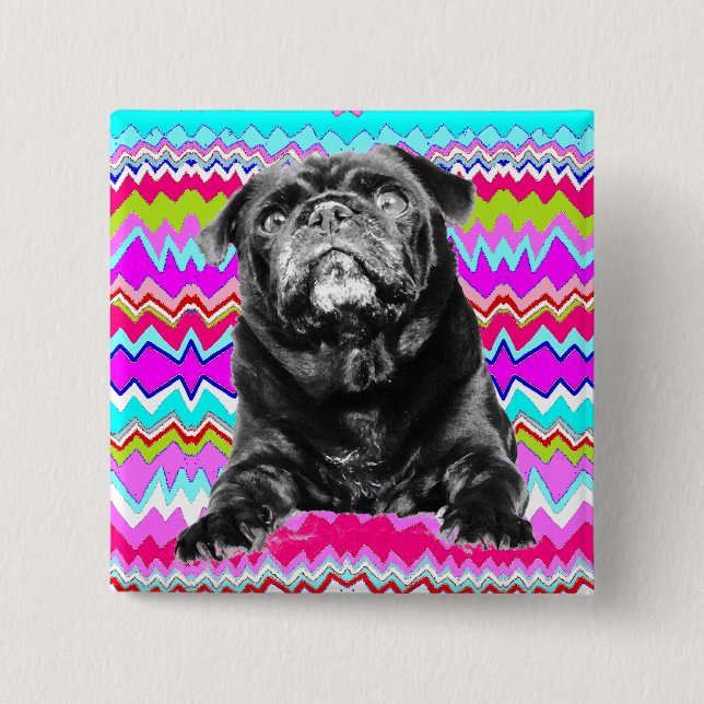 PUG BUTTON- Black PUG-  Pink, Aqua & White RAD ZAG 2 Inch Square Button (Front)
