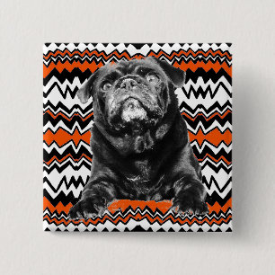PUG BUTTON Orange, Black & White RAD ZAG