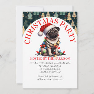 Pug Canine Retro  Cute Watercolor Christmas Invitation