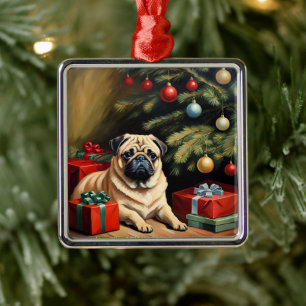 Pug celebrates Christmas Metal Ornament