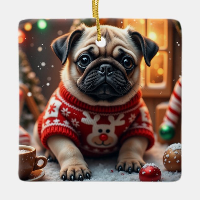Pug Christmas Art Ceramic Ornament (Front)