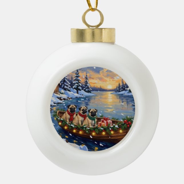 Pug Christmas Boat Holiday Ceramic Ball Christmas Ornament (Front)