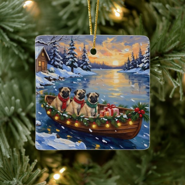 Pug Christmas Boat Holiday Ceramic Ornament (Tree)