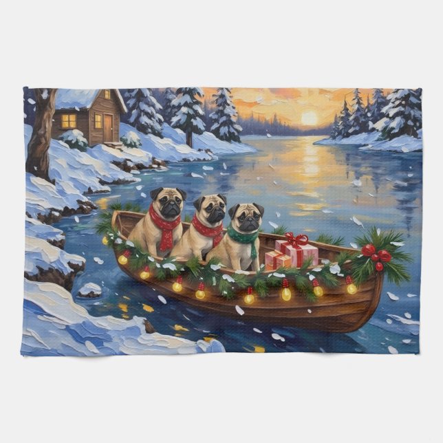 Pug Christmas Boat Holiday Kitchen Towel (Horizontal)