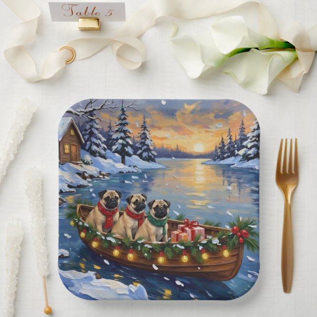 Pug Christmas Boat Holiday Paper Plate (Wedding)