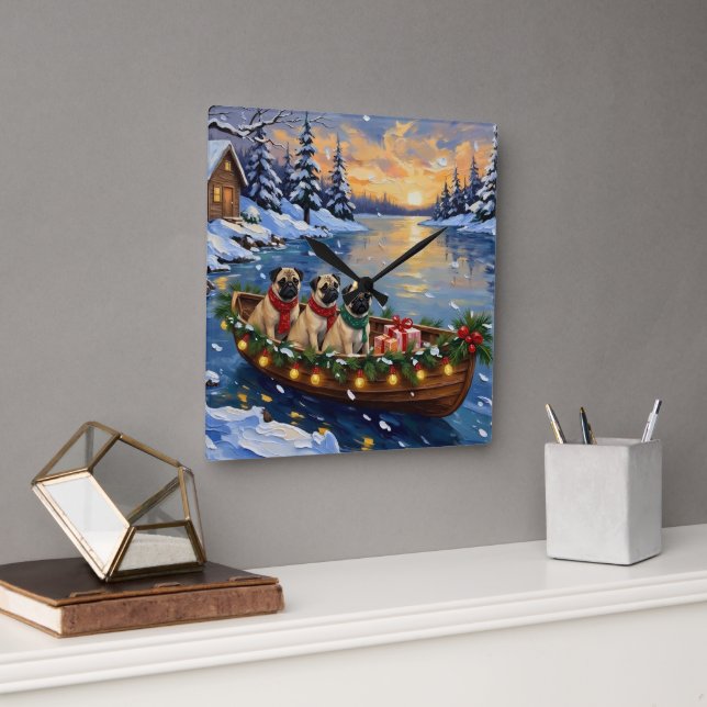 Pug Christmas Boat Holiday Square Wall Clock (Office)