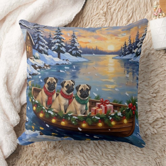 Pug Christmas Boat Holiday Throw Pillow (Blanket)