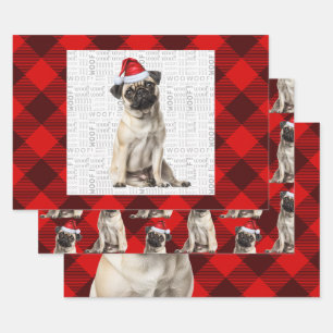 Pug Christmas Dog Red Buffalo Plaid Wrapping Paper Sheet