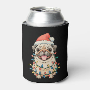 Pug Christmas Dog Sant Hat Xmas Lights Pugmas Can Cooler