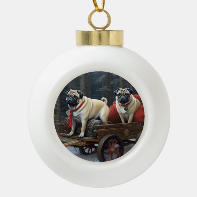 Pug Christmas Festive Season Ceramic Ball Christmas Ornament (Front)