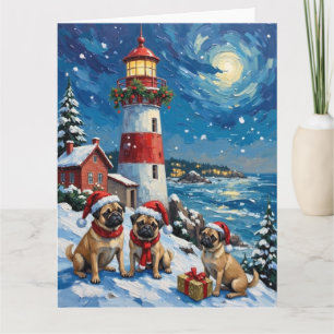 Pug Christmas Lighthouse Holiday Card