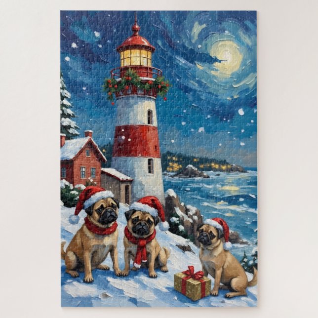 Pug Christmas Lighthouse Holiday Jigsaw Puzzle (Vertical)