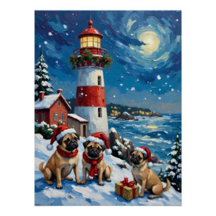 Pug Christmas Lighthouse Holiday Poster