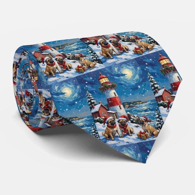Pug Christmas Lighthouse Holiday Tie (Rolled)