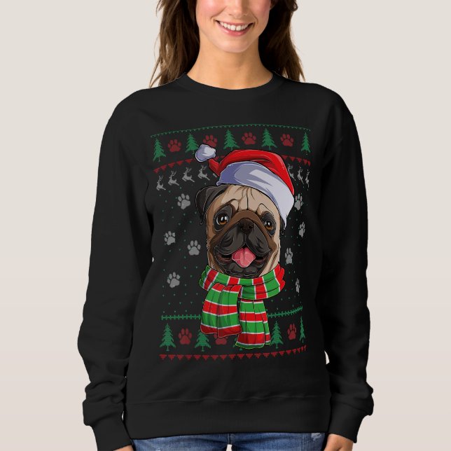 Pug Christmas Lights Santa Hat Dog  Ugly Sweater (Front)