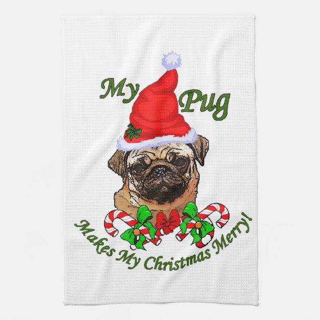 Pug Christmas Merry Kitchen Towel (Vertical)