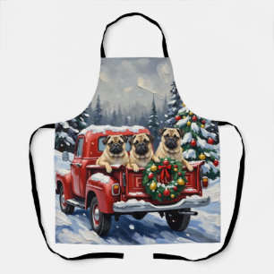 Pug Christmas Red Truck Holiday Apron