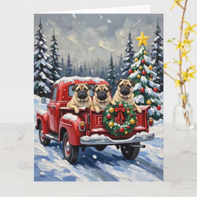 Pug Christmas Red Truck Holiday Card (Yellow Flower)