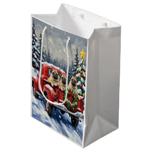 Pug Christmas Red Truck Holiday Medium Gift Bag