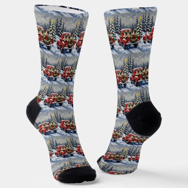 Pug Christmas Red Truck Holiday Socks (Angled)
