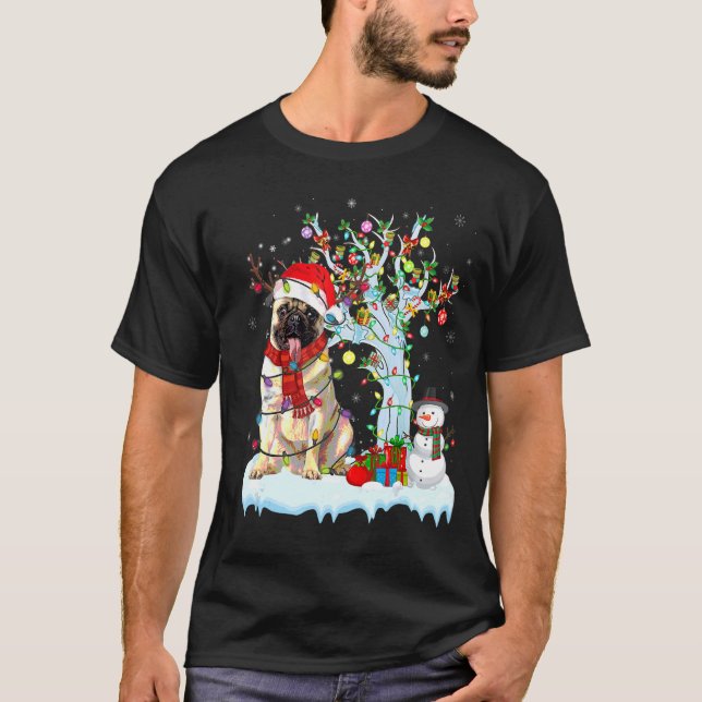 Pug Christmas Tree Light Pajama Pug Dog Xmas Match T-Shirt (Front)