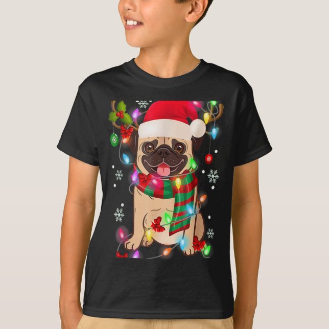 Pug Christmas Tree Lights Santa Dog Xmas Boys Pugm T-Shirt (Front)