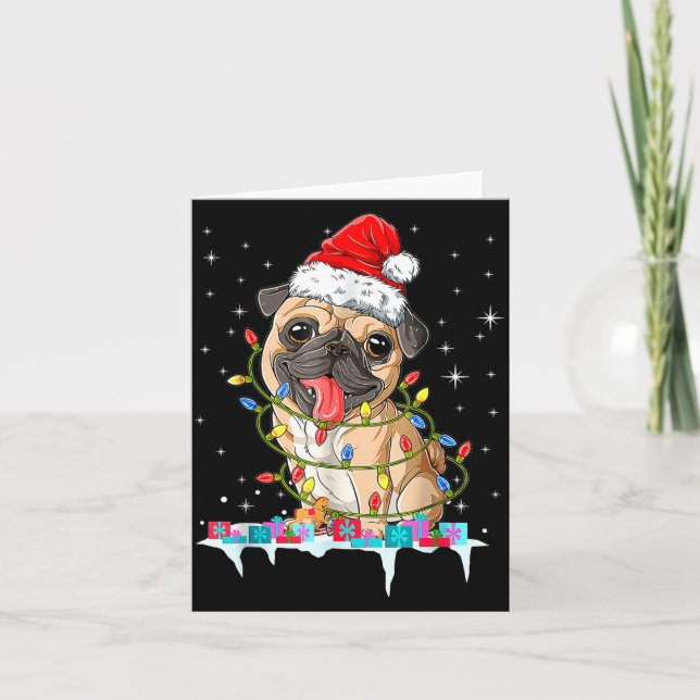 Pug Christmas Tree Lights Santa Dog Xmas  Card (Front)