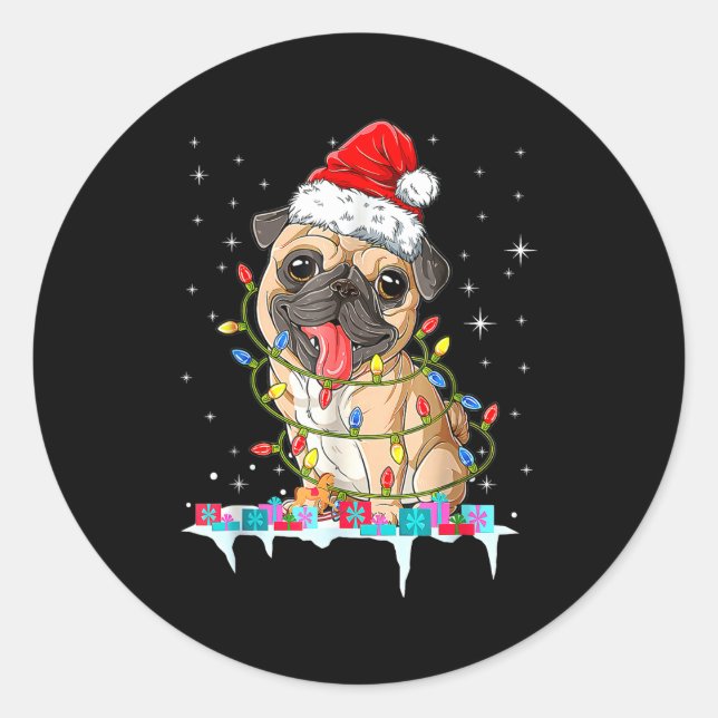 Pug Christmas Tree Lights Santa Dog Xmas  Classic Round Sticker (Front)